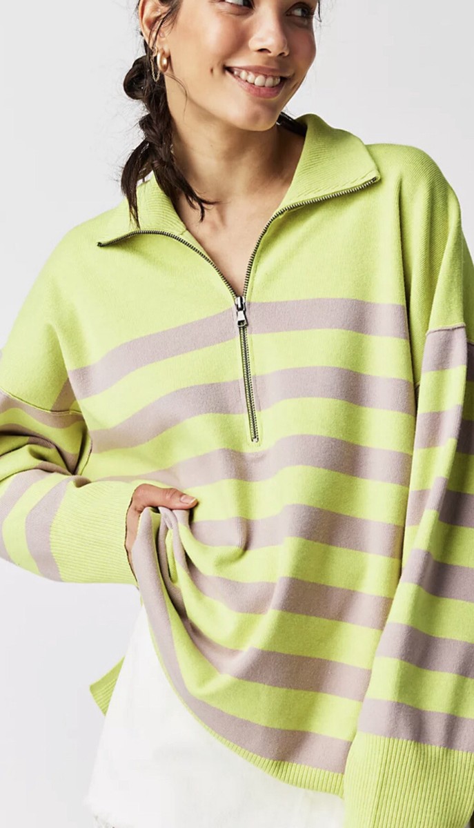 Free People Coastal Stripe Pullover Zip Front Neck Ribbed