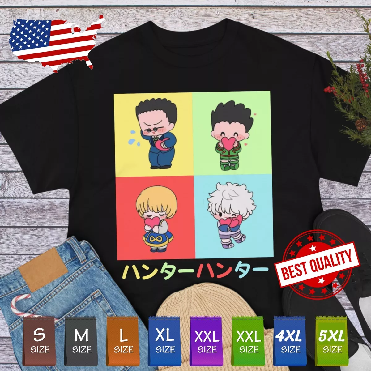 Hunter X Hunter in Kanji Characters with Gon, Killua, Kurapika and Leorio  Mens and Womens Short Sleeve T-Shirt (Black, S-XXL)