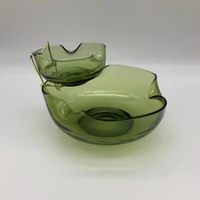 Vintage Anchor Hocking Avocado Green Pinched Glass Chip and Dip Bowl Set