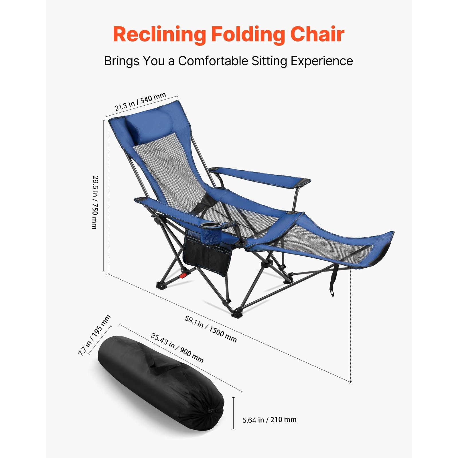 Uimoso Portable Folding Reclining Camping Chair for Adults, Heavy-Duty, Blue