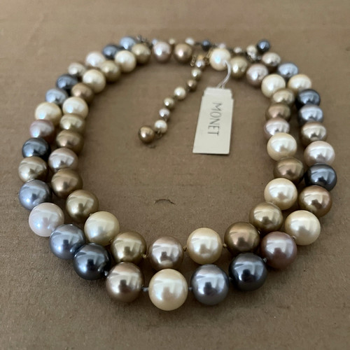 Vintage Monet Faux Pearl Necklace Set of 2 Multicolor Cream Gray Gold Jewelry