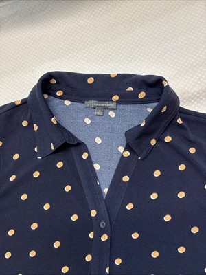 Adrianna Papell Top Size XL Navy/Camel Polka Dots Sleeveless V-Neck Button Down 