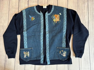 vintage Jerzees embroidered denim sweatshirt open cardigan jacket size L garden