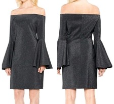 Vince Camuto Off-the-Shoulder Metallic Shimmer  Bell Sleeves Dress Black PLUS 3X