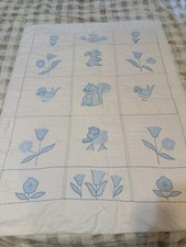 Vintage handmade Baby Square Quilt Blue White Ducks flowers 33 x 44 unisex