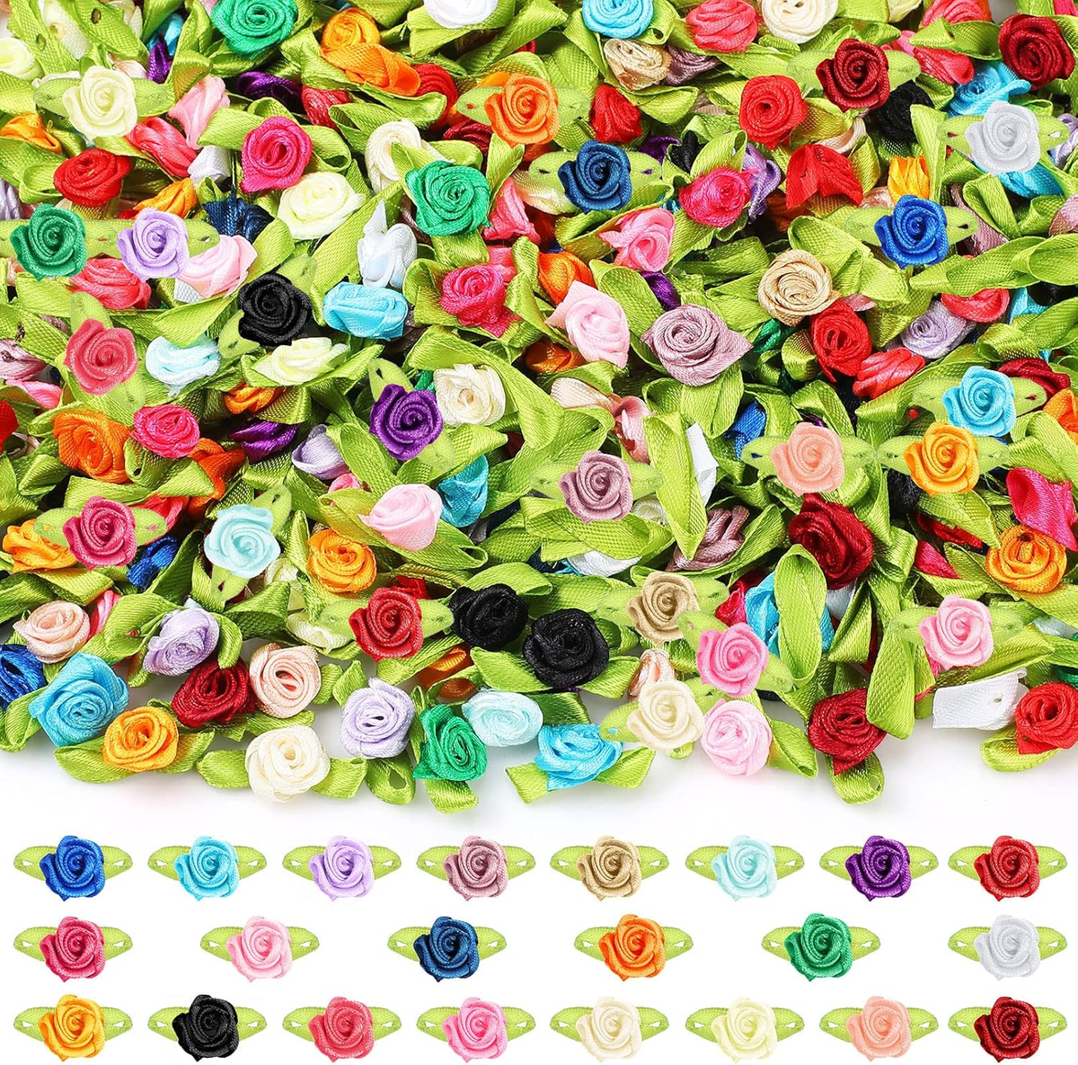 500 Pcs Multicolor Mini Rose Flowers Satin Ribbon for Crafts 15 mm
