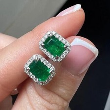 1.40Ct Emerald Cut Natural Emerald & Lab Grown Diamond Stud Earrings 925 Silver