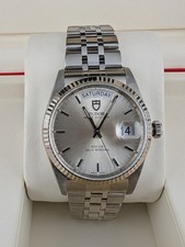 Tudor Prince Date Day 76214 Silver Sunburst Dial. 18K Gold. Box & Papers 