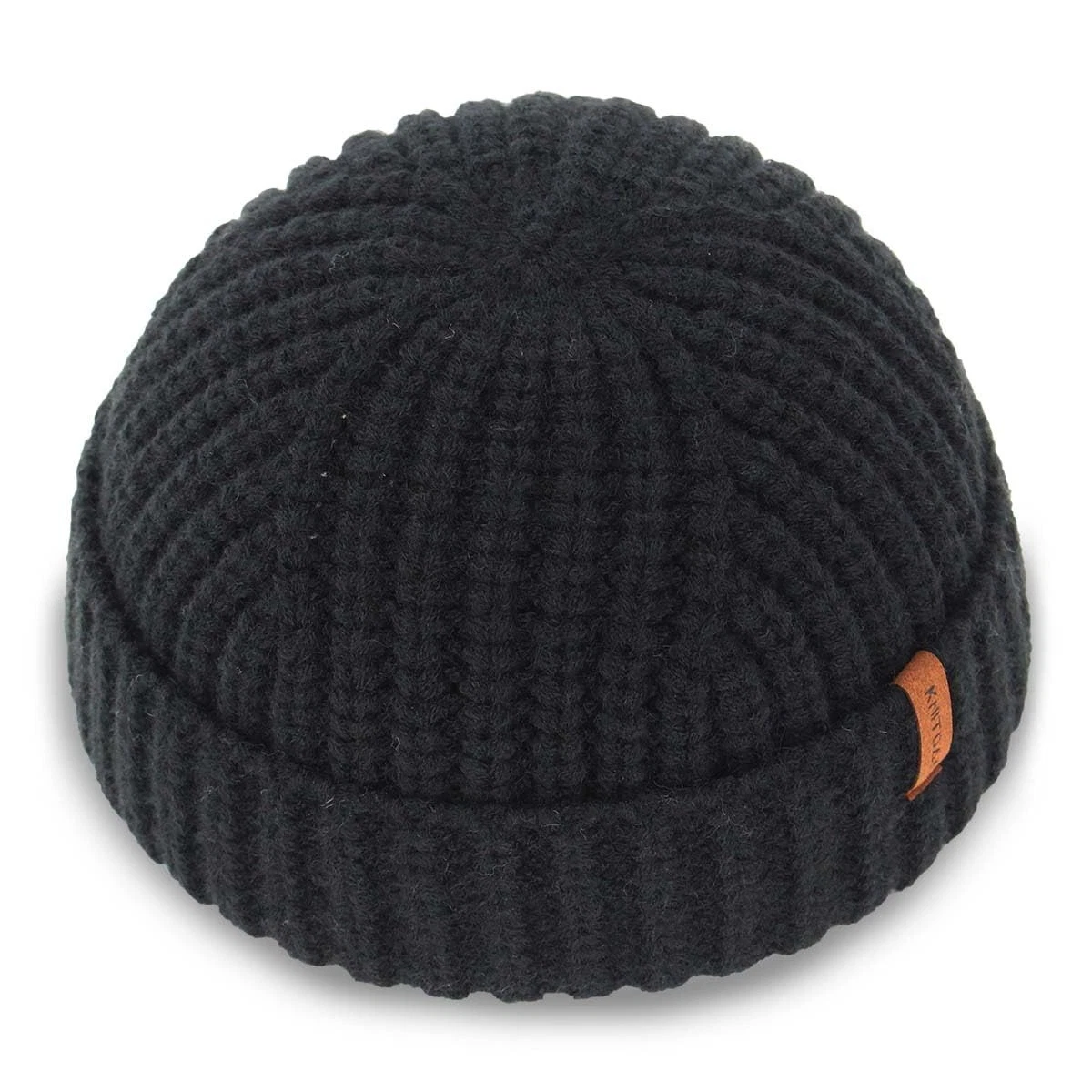 KNITDAY Chunky Wool Fisherman Short Beanie Hats Skull Cap for Men, M-L, Black