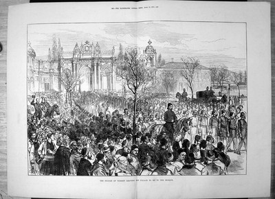 Original alter antiker Druck Sultan Türkei verlässt Palast geht zur Moschee 1877 19.