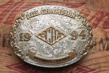 Vtg Broken Horn Silver Overlay PCHA Res Champion Horsemanship Trophy Belt Buckle