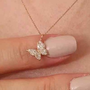 Round 1.80Ct REAL Moissanite Tiny Butterfly Shape Pendant 14k Yellow Gold Plated