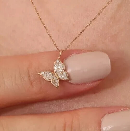 Round 1.80Ct REAL Moissanite Tiny Butterfly Shape Pendant 14k Yellow Gold Plated