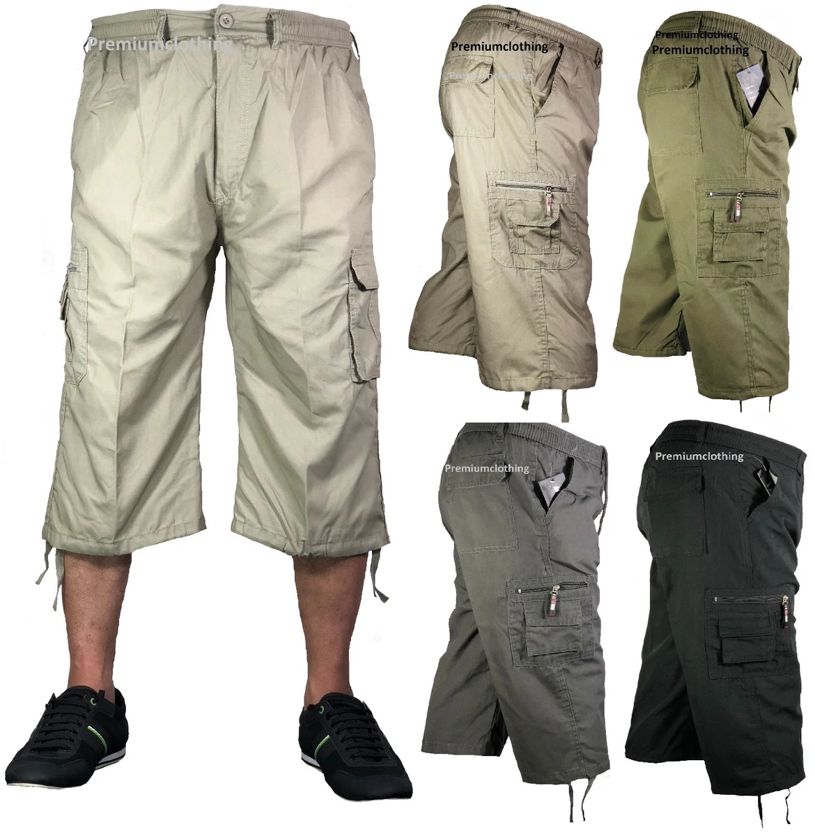 Men 3/4 Length Cargo Pants Shorts Loose Casual Pockets Cotton Trousers Over  Size | eBay