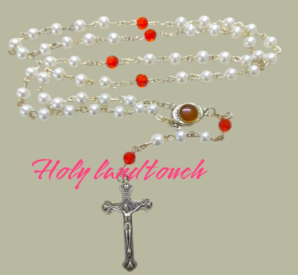 Lulu Rosary Deep White Red Holy Land Necklace Cross Crucifix Catholic Hand Made