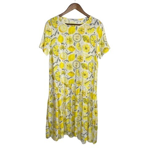 Lemon Print Midi Dress for Women - XL Yellow Cotton Blend Summer Dress  