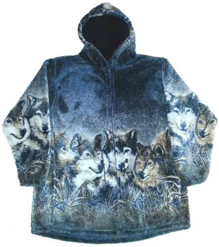 Wolf Faces Hooded Ultra Plush Fleece Wolf Jacket  XS - 3X - Picture 1 of 1