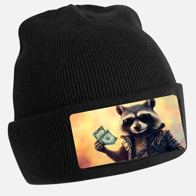 Black Beanie Hat with Cool Raccoon Money Motif - Unisex Cap, Cotton