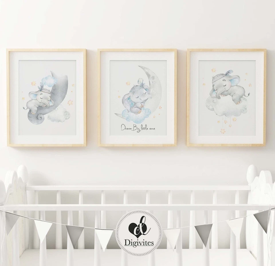 Baby boy Nursery Wall Art sleeping elephants dream big little one set of 3 boho