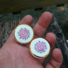 Vintage Pair Small Ceramic Porcelain Rossettes White Pink Knobs Handles Cottage 