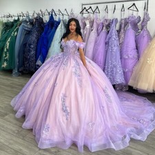 Lavender Shiny Quinnceanera Dresses Ball Gown Floral LaceApplique Corset Sweet16
