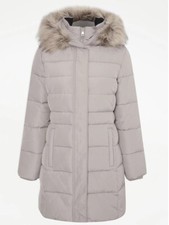 Grey Faux Fur Hooded Longline Padded Coat Uk Size Large