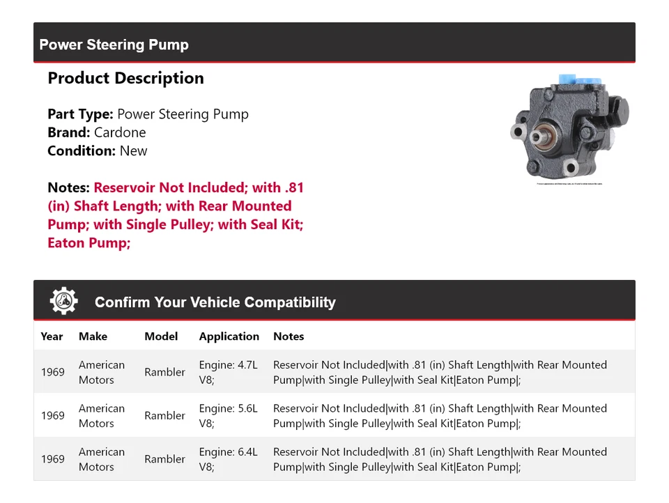 For 1969 American Motors Rambler Power Steering Pump Cardone - Imagem 2 de 4
