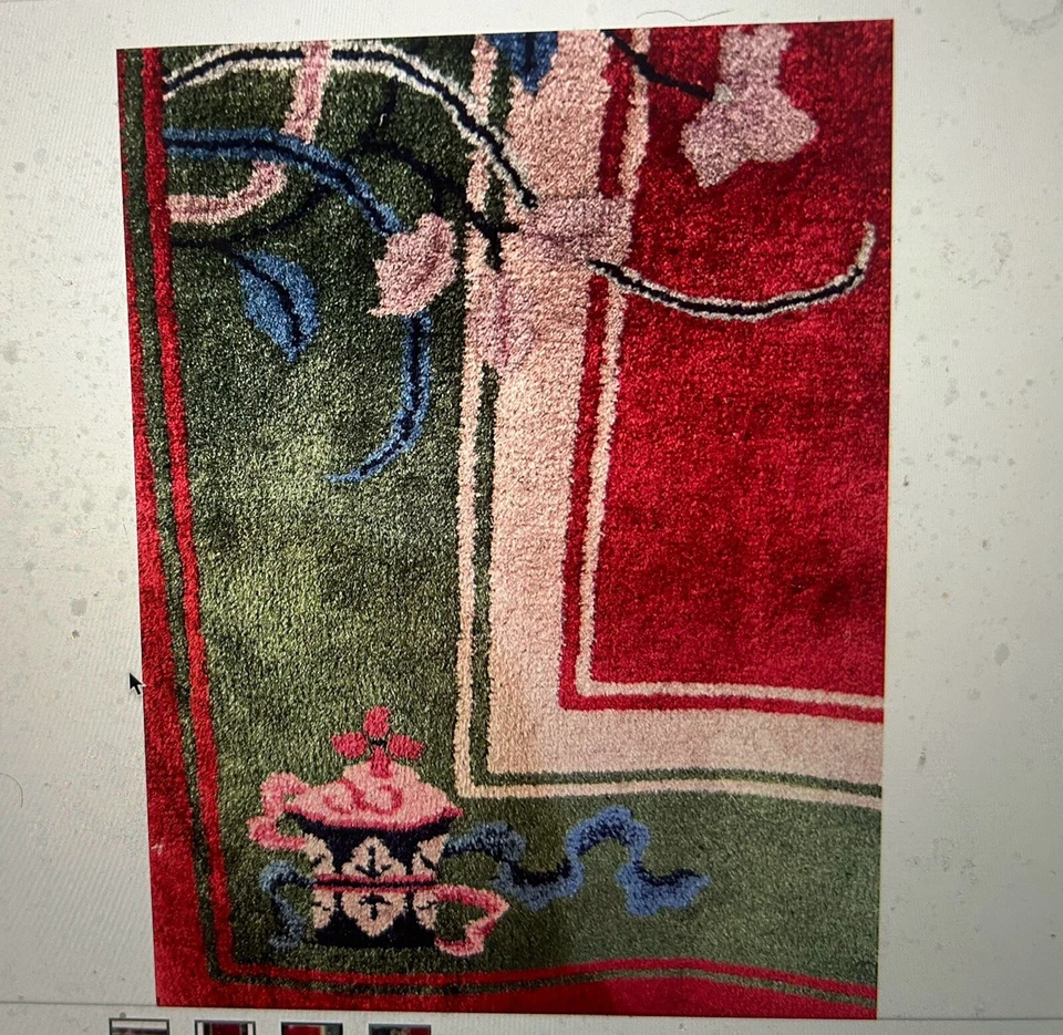 ALFOMBRA ANTIGUA CHINA ART DECO AÑOS 30 LANA ROJO/VERDE BORDE 48 pulgadas X 80 pulgadas Foto 4 de 4