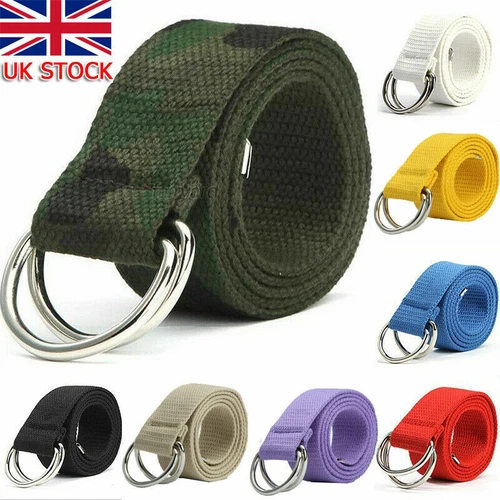 Mens Womens Canvas Double D Ring Belts Fabric Webbing Strap Waist Belt Waistband - Bild 1 von 32