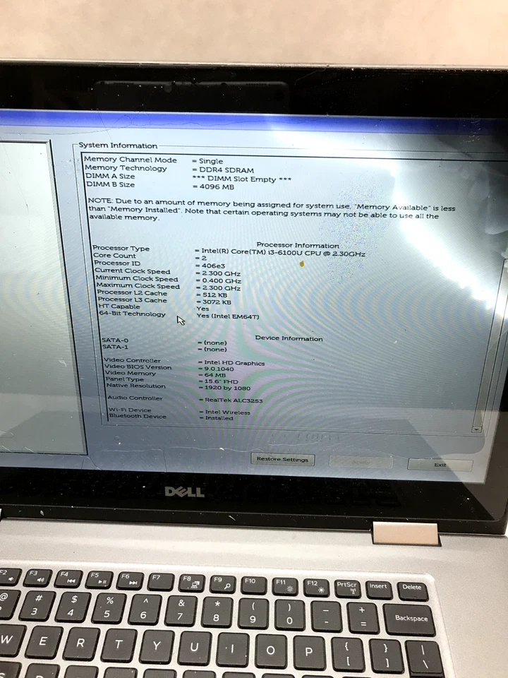Dell Inspiron 15-5568 15" Laptop i3-6100U 2.3GHz 4GB RAM NO HDD For Parts - - DW - Image 3 of 4