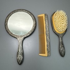 Vintage Silver Plate Mirror Brush and Comb Set Antique Victorian Vanity Ornate
