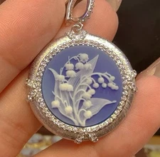 925 silver blue Agate Lily of the valley Cameo vintage jewelry Pendant  estate