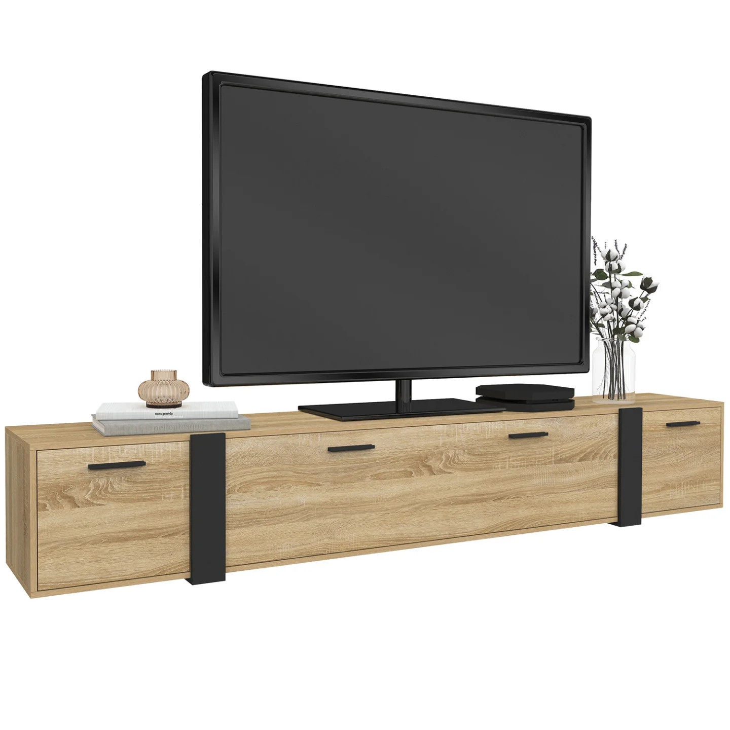Meuble TV 180 cm suspendu PHOENIX en bois noir et façon hêtre à 3 portes