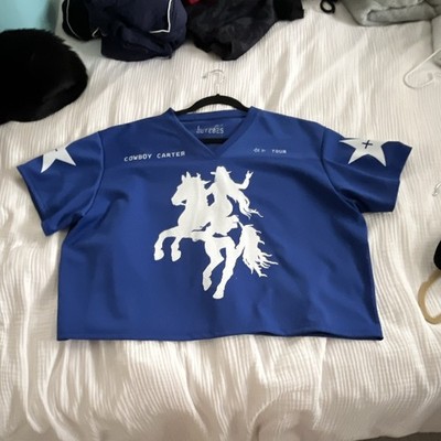 Cowboy Carter Tour 25 Mesh V-Neck Graphic Jersey T-Shirt Blue/White L
