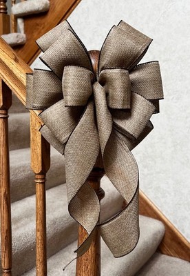 10'' WIDE BROWN WIRED EDGE FAUX BURLAP BOW FOR WREATHS LANTERNS CRAFTS GIFTS