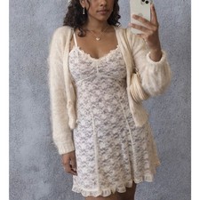 Vintage Y2K Apt. 9 White Lace Slip Dress Iridescent Sequin Trim Size L