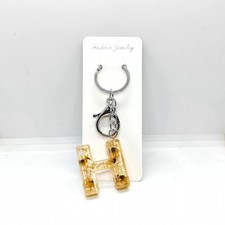 Handmade Resin Letter H Keychain Gold Flake Dried Flower 1.5" Initial Charm Bag