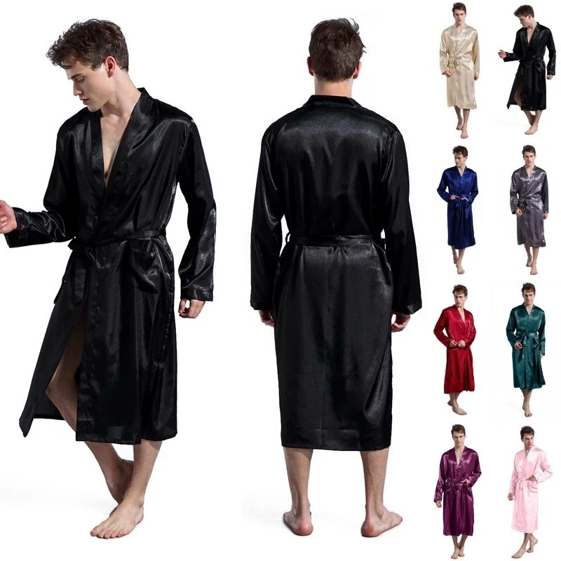 JAZJOZ UK Men Long Satin Silk Pajamas Kimono Bathrobe Robe Dressing Gown Pjs Loungewear