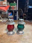 Vintage Avor Railroad Lanterns Red & Green Candy Pellets Containers Tin 3.75"