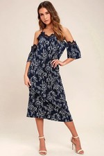 NWT Lulus Moon River My Darling Navy Blue Print Off-the-Shoulder Dress Size M