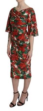 Dolce & Gabbana Red Floral Sheath Midi Silk Stretch Women's Dress Authentic