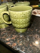 Stacking Coffee Cup Mug Mid-Century Modern Avocado Green Vintage Set of 4 Japan