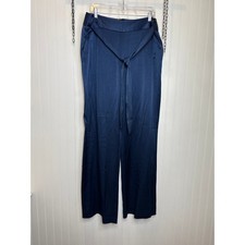 Halston Wide Leg Pants Navy Blue Satin Gorgeous High Waisted Belted Size 14