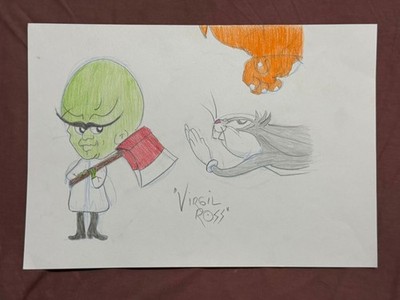 VIRGIL ROSS drawing and painting on old paper signed stamped vintage