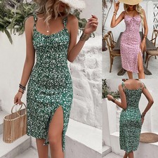 Women Floral Print Midi Dress Spaghetti Strap Ruched Front High Slit Sundress