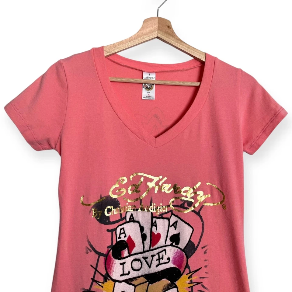 Camisa de noche Ed Hardy rosa melocotón manga corta cuello en V aerografiada Y2K para mujer S Foto 3 de 4