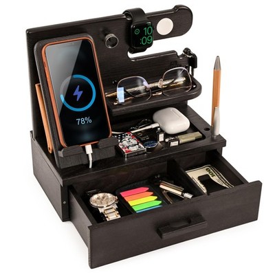 TESLYAR Wood Phone Docking Station with Drawer - Nightstand Organizer - Desk ...