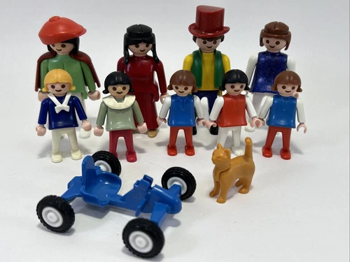 Playmobil/Geobra Figure LOT 70s 80s Vintage Cat Cart Man Child Woman Bike Peddle