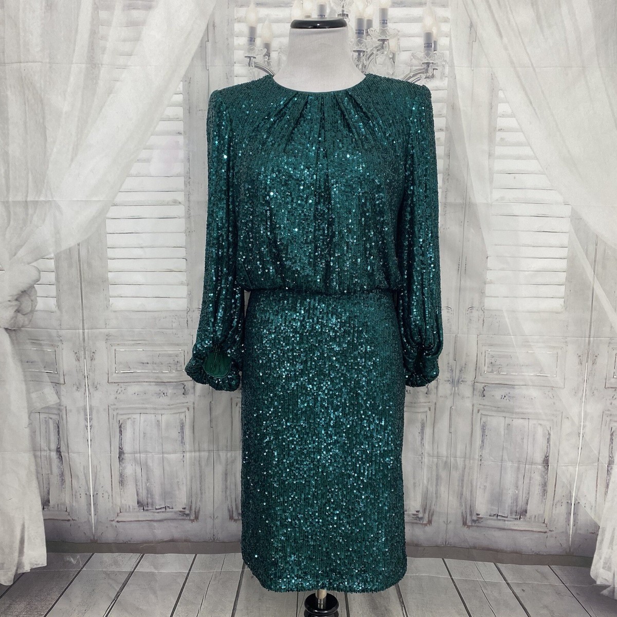 vince camuto green sequin dress 34 Balloon Sleeve Crew Neck Dress, Womens, 6, Hunter May2023