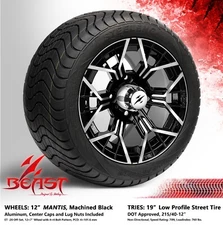4x GOLF CART 12" MACHINED 'MANTIS' WHEELS and 215/40-12 DOT LOW PROFILE TIRES